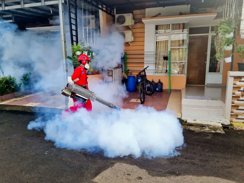 Pest Control Technician — Residential Service — Pest Control Technician, Thermal Fogger, Safety Helmet, Pest Control, Plumbi…